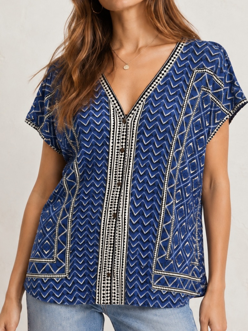 Lucky Brand Women's Cotton Top Blouse Size XL Blue Geometric Casual Comfy Aztec